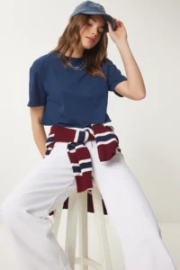 Happiness İstanbul Women Navy Blue Cotton Crop Knitting T-Shirt - Image 2