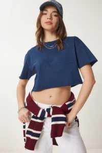 Happiness İstanbul Women Navy Blue Cotton Crop Knitting T-Shirt - Image 3