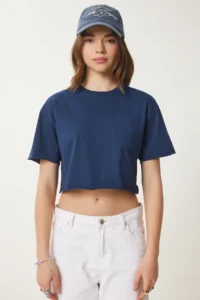 Happiness İstanbul Women Navy Blue Cotton Crop Knitting T-Shirt - Image 4