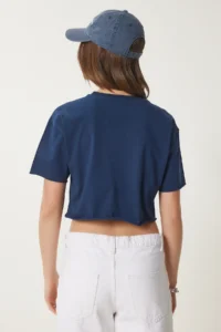 Happiness İstanbul Women Navy Blue Cotton Crop Knitting T-Shirt - Image 6