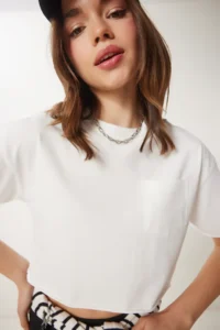 Happiness İstanbul Women White Cotton Crop Knitting T-Shirt - Image 3