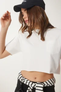 Happiness İstanbul Women White Cotton Crop Knitting T-Shirt - Image 4