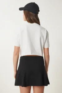 Happiness İstanbul Women White Cotton Crop Knitting T-Shirt - Image 7