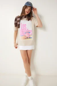 Happiness İstanbul Women's Cream Printed Cotton Oversize Knitted T-Shirt