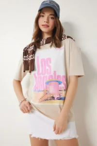 Happiness İstanbul Women's Cream Printed Cotton Oversize Knitted T-Shirt - Image 3