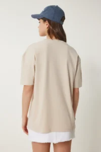 Happiness İstanbul Women's Cream Printed Cotton Oversize Knitted T-Shirt - Image 5