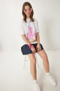 Happiness İstanbul Women's Ecru Printed Cotton Oversize Knitted T-Shirt
