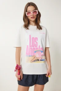 Happiness İstanbul Women's Ecru Printed Cotton Oversize Knitted T-Shirt - Image 3