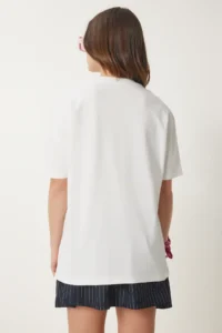 Happiness İstanbul Women's Ecru Printed Cotton Oversize Knitted T-Shirt - Image 5