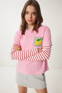 Happiness İstanbul Women Pink Embroidery with pocket Cotton T-Shirt - Image 2