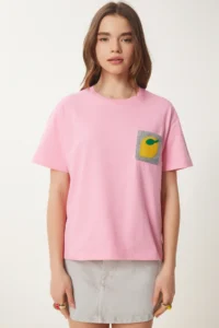 Happiness İstanbul Women Pink Embroidery with pocket Cotton T-Shirt - Image 3