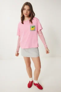 Happiness İstanbul Women Pink Embroidery with pocket Cotton T-Shirt - Image 4