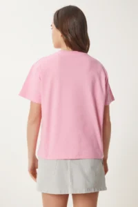 Happiness İstanbul Women Pink Embroidery with pocket Cotton T-Shirt - Image 6