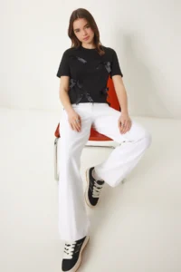 Happiness İstanbul Women Black with bow Cotton Knitting T-Shirt - Image 2