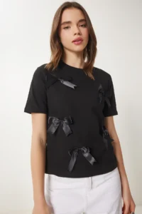 Happiness İstanbul Women Black with bow Cotton Knitting T-Shirt - Image 3