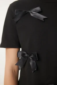 Happiness İstanbul Women Black with bow Cotton Knitting T-Shirt - Image 4