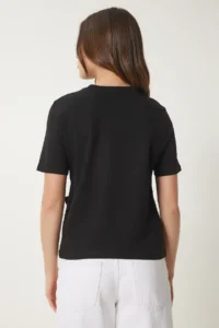 Happiness İstanbul Women Black with bow Cotton Knitting T-Shirt - Image 5