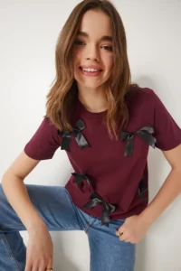 Happiness İstanbul Women Burgundy with bow Cotton Knitting T-Shirt - Image 2