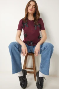 Happiness İstanbul Women Burgundy with bow Cotton Knitting T-Shirt - Image 3