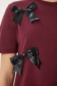 Happiness İstanbul Women Burgundy with bow Cotton Knitting T-Shirt - Image 4