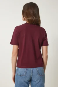 Happiness İstanbul Women Burgundy with bow Cotton Knitting T-Shirt - Image 5