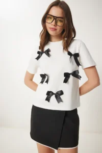 Happiness İstanbul Women Ecru with bow Cotton Knitting T-Shirt - Image 2