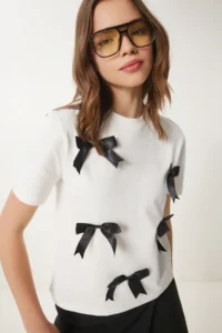 Happiness İstanbul Women Ecru with bow Cotton Knitting T-Shirt - Image 3