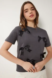 Happiness İstanbul Women's Anthracite Bow Cotton Knitted T-Shirt