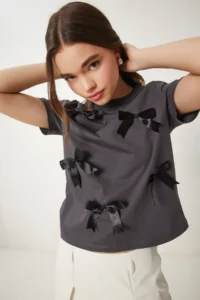 Happiness İstanbul Women's Anthracite Bow Cotton Knitted T-Shirt - Image 2