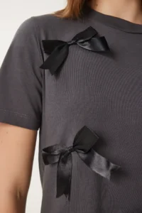 Happiness İstanbul Women's Anthracite Bow Cotton Knitted T-Shirt - Image 4