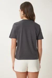 Happiness İstanbul Women's Anthracite Bow Cotton Knitted T-Shirt - Image 5