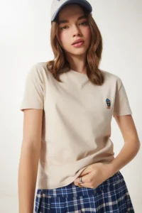 Happiness İstanbul Women's Cream Teddy Bear Embroidered Cotton Knitted T-Shirt - Image 2
