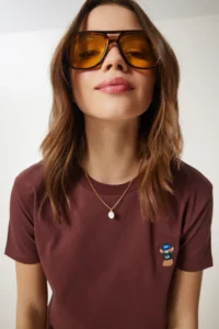 Happiness İstanbul Women's Brown Teddy Bear Embroidered Cotton Knitted T-Shirt