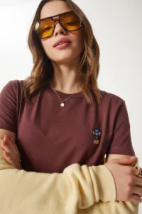 Happiness İstanbul Women's Brown Teddy Bear Embroidered Cotton Knitted T-Shirt - Image 2