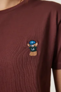 Happiness İstanbul Women's Brown Teddy Bear Embroidered Cotton Knitted T-Shirt - Image 4