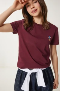 Happiness İstanbul Women's Burgundy Teddy Bear Embroidered Cotton Knitted T-Shirt - Image 2