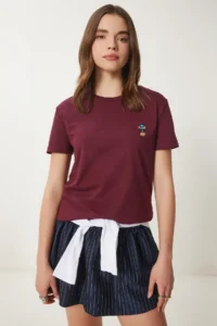 Happiness İstanbul Women's Burgundy Teddy Bear Embroidered Cotton Knitted T-Shirt - Image 3