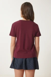 Happiness İstanbul Women's Burgundy Teddy Bear Embroidered Cotton Knitted T-Shirt - Image 5