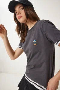 Happiness İstanbul Women's Anthracite Teddy Bear Embroidered Cotton Knitted T-Shirt - Image 2