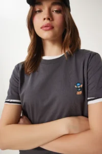 Happiness İstanbul Women's Anthracite Teddy Bear Embroidered Cotton Knitted T-Shirt - Image 3