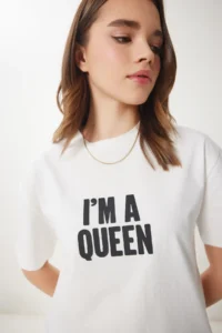 Happiness İstanbul Women Ecru Slogan Knitting T-Shirt