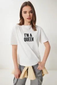 Happiness İstanbul Women Ecru Slogan Knitting T-Shirt - Image 2