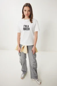 Happiness İstanbul Women Ecru Slogan Knitting T-Shirt - Image 3