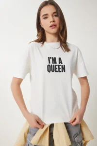 Happiness İstanbul Women Ecru Slogan Knitting T-Shirt - Image 4