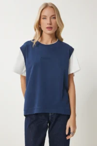 Happiness İstanbul Women's Navy Blue Contrast Colored Cotton Knitted T-Shirt - Image 4