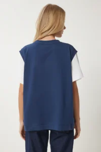 Happiness İstanbul Women's Navy Blue Contrast Colored Cotton Knitted T-Shirt - Image 7