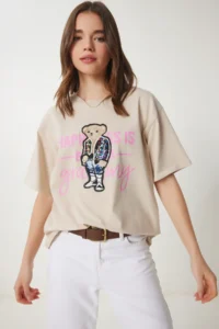 Happiness İstanbul Women's Cream Teddy Bear Crest Cotton Oversize Knitted T-Shirt - Image 2