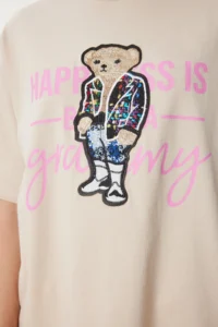 Happiness İstanbul Women's Cream Teddy Bear Crest Cotton Oversize Knitted T-Shirt - Image 4