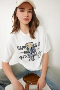 Happiness İstanbul Women's Ecru Teddy Bear Crest Cotton Oversize Knitted T-Shirt - Image 2
