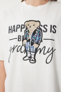 Happiness İstanbul Women's Ecru Teddy Bear Crest Cotton Oversize Knitted T-Shirt - Image 3